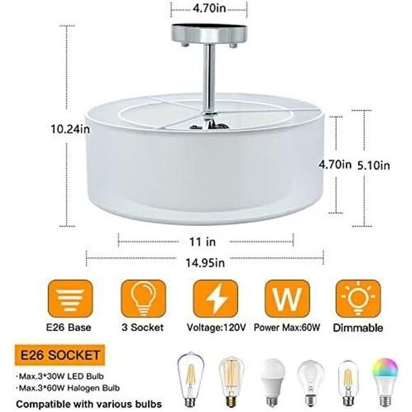 3-Light Industrial Semi Drum Flush Mount Lighting - Picture 3 of 4